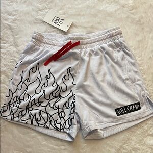 Kill Crew White Shorts with Black Flames and Red Accents - Unisex Medium (30-32)